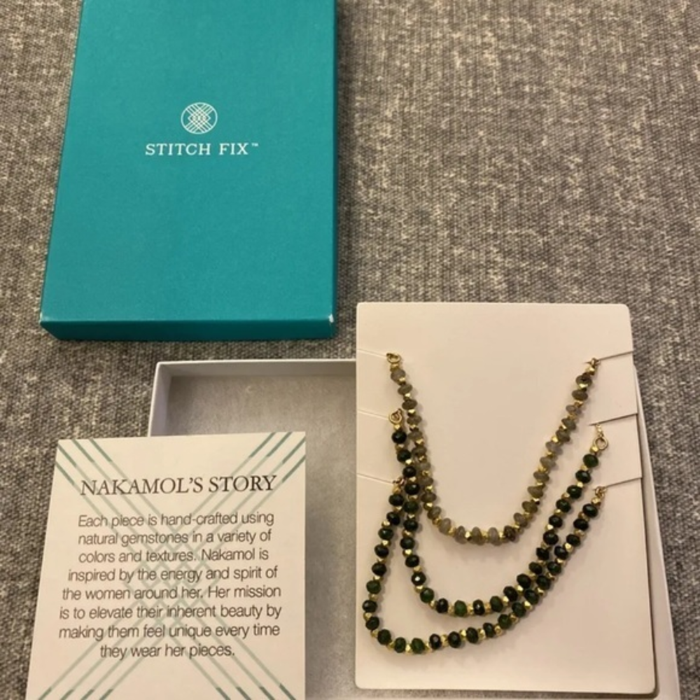 3 NAKAMOL Green Beaded Bracelets, Gold Tone,‎ New